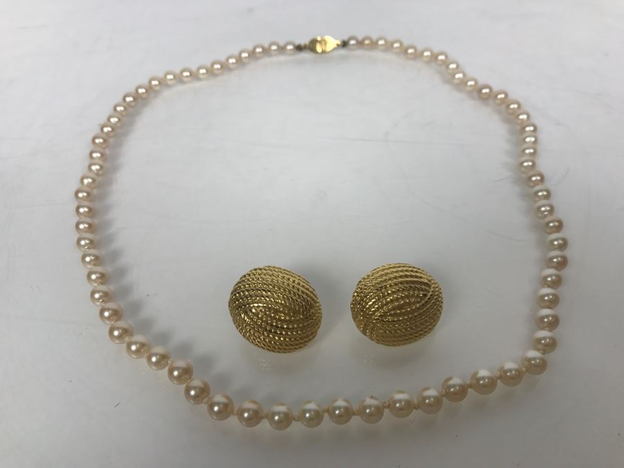 Vintage Givenchy Gold Tone Post Earrings And Monet Faux Pearl Necklace [Photo 3]