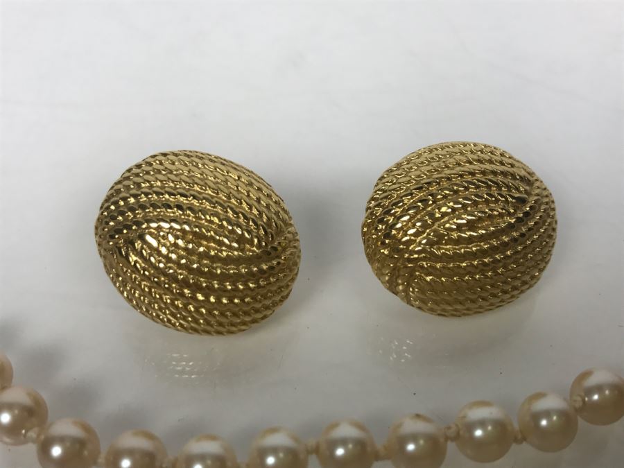 Vintage Givenchy Gold Tone Post Earrings And Monet Faux Pearl Necklace [Photo 4]