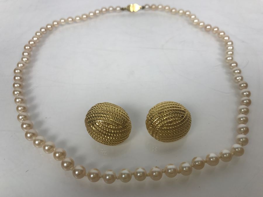 Vintage Givenchy Gold Tone Post Earrings And Monet Faux Pearl Necklace [Photo 1]