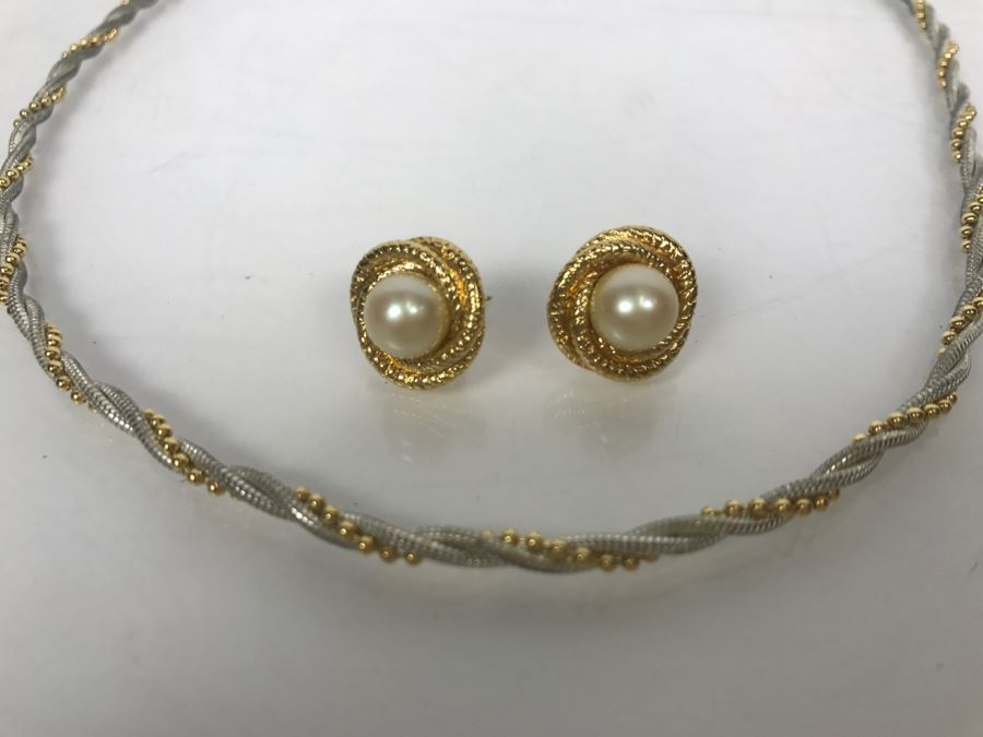 Vintage Monet Gold Tone With Faux Pearl Post Earrings And Napier Gold And Silver Tone Necklace [Photo 3]