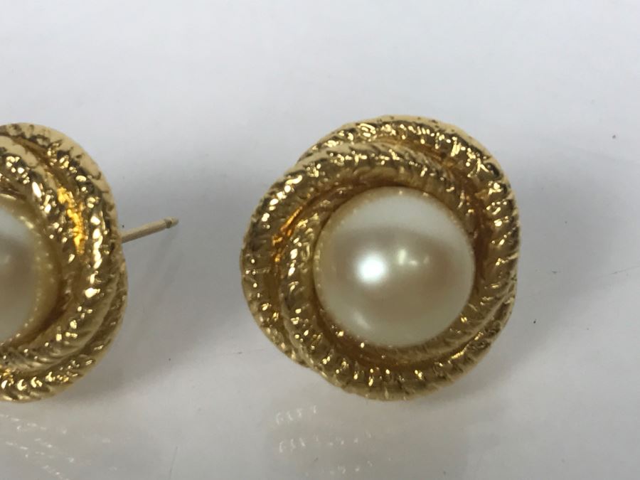 Vintage Monet Gold Tone With Faux Pearl Post Earrings And Napier Gold And Silver Tone Necklace [Photo 4]