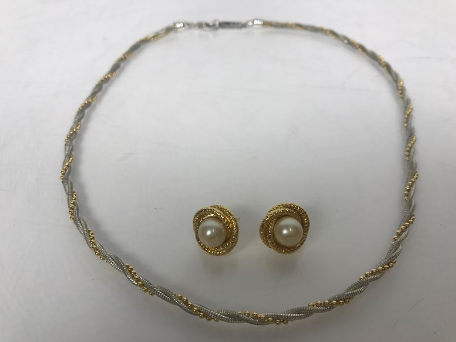 Vintage Monet Gold Tone With Faux Pearl Post Earrings And Napier Gold And Silver Tone Necklace [Photo 2]