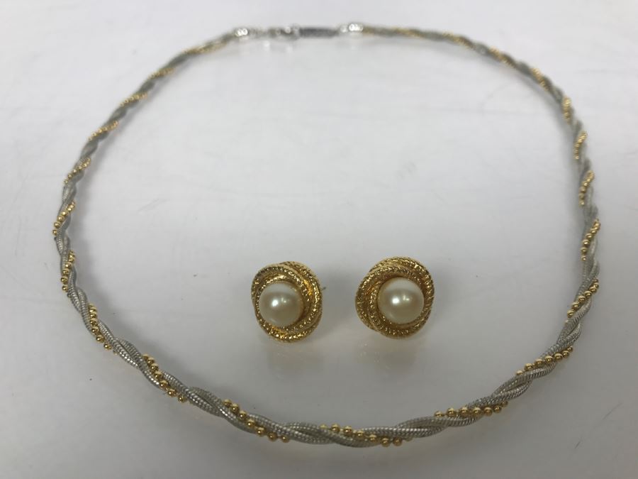 Vintage Monet Gold Tone With Faux Pearl Post Earrings And Napier Gold And Silver Tone Necklace [Photo 1]