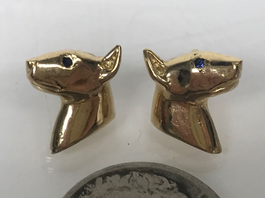14k Yellow Gold With Blue Stone Bull Terrior Post Earrings 3.3g [Photo 5]