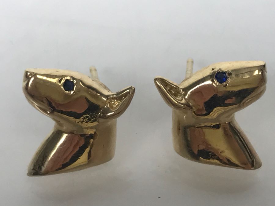 14k Yellow Gold With Blue Stone Bull Terrior Post Earrings 3.3g [Photo 9]