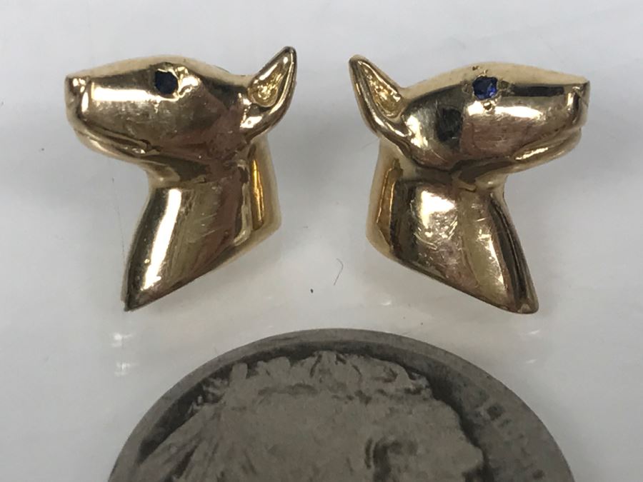 14k Yellow Gold With Blue Stone Bull Terrior Post Earrings 3.3g [Photo 2]