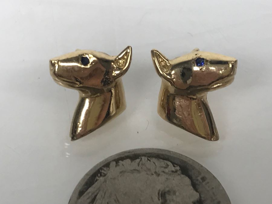 14k Yellow Gold With Blue Stone Bull Terrior Post Earrings 3.3g [Photo 4]