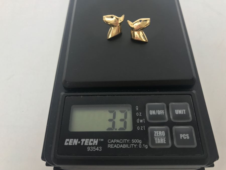 14k Yellow Gold With Blue Stone Bull Terrior Post Earrings 3.3g [Photo 11]