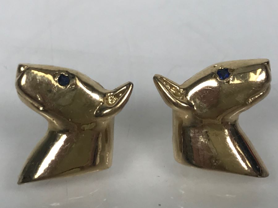 14k Yellow Gold With Blue Stone Bull Terrior Post Earrings 3.3g