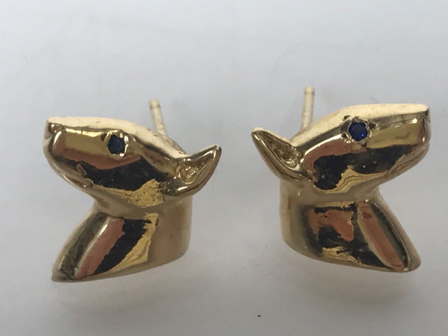 14k Yellow Gold With Blue Stone Bull Terrior Post Earrings 3.3g [Photo 8]