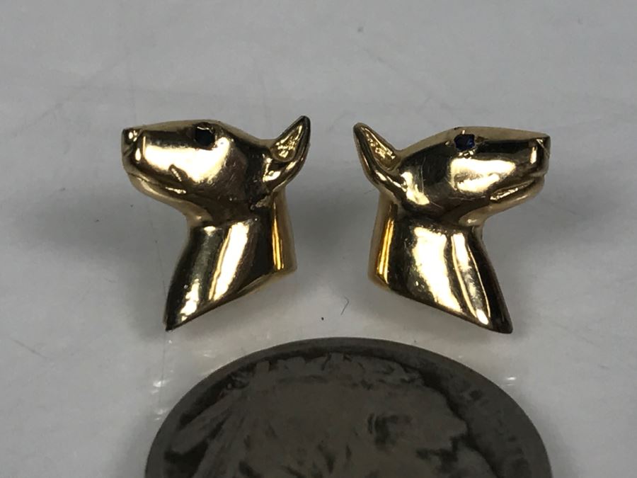14k Yellow Gold With Blue Stone Bull Terrior Post Earrings 3.3g [Photo 3]