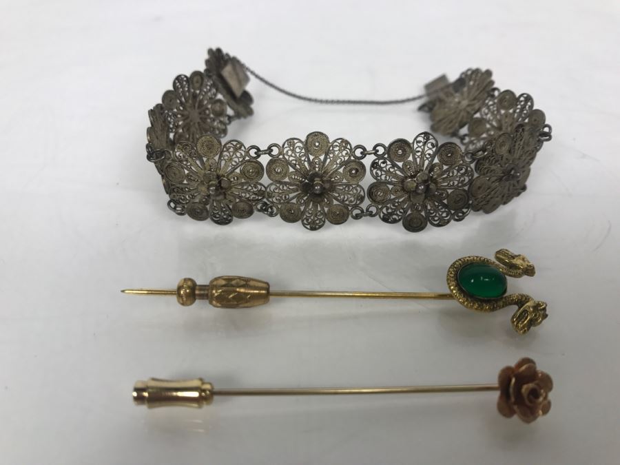 Costume Jewelry Lot With (2) Stick Pins And Bracelet [Photo 2]