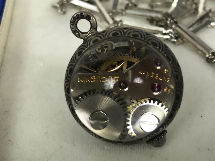 Vintage Ladies Huguenin 17 Jewels Swiss Watch Lady Pendant Necklace Globe Sterling Silver Case With Chain Back Is See Through [Photo 8]