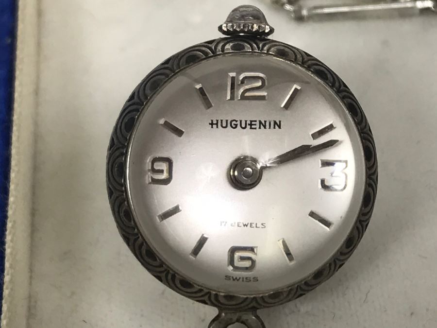 Vintage Ladies Huguenin 17 Jewels Swiss Watch Lady Pendant Necklace Globe Sterling Silver Case With Chain Back Is See Through [Photo 14]