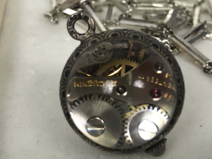 Vintage Ladies Huguenin 17 Jewels Swiss Watch Lady Pendant Necklace Globe Sterling Silver Case With Chain Back Is See Through [Photo 6]