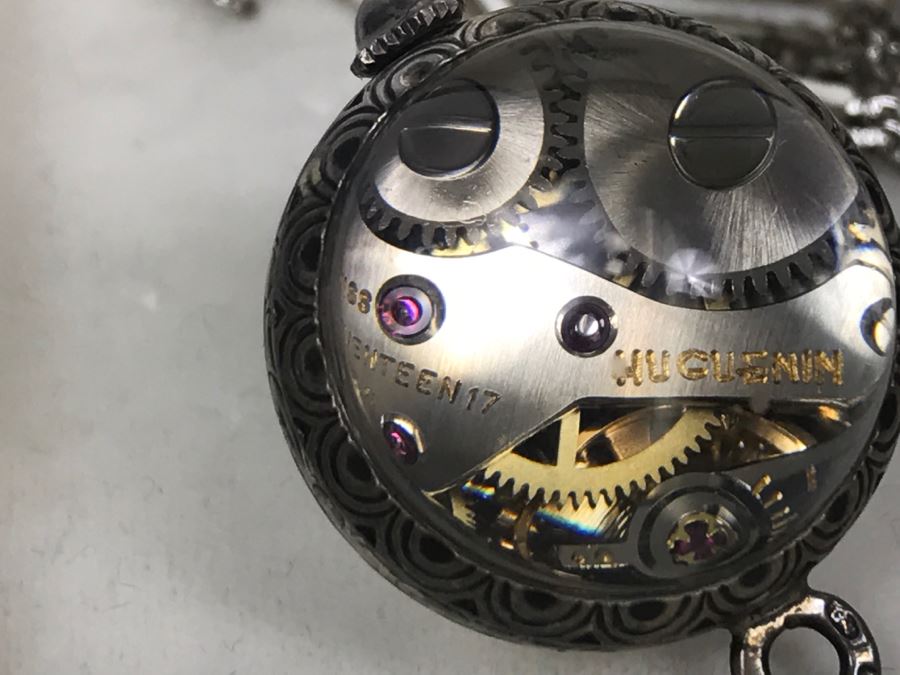 Vintage Ladies Huguenin 17 Jewels Swiss Watch Lady Pendant Necklace Globe Sterling Silver Case With Chain Back Is See Through [Photo 11]
