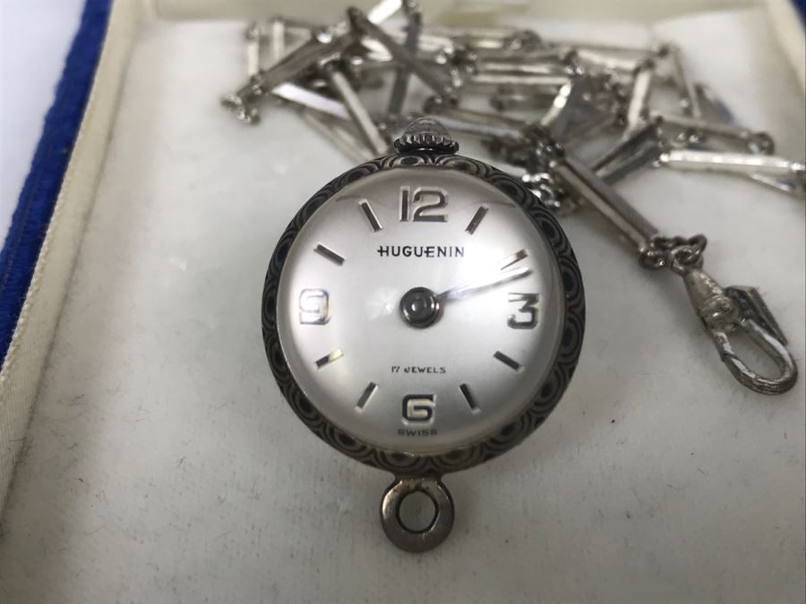 Vintage Ladies Huguenin 17 Jewels Swiss Watch Lady Pendant Necklace Globe Sterling Silver Case With Chain Back Is See Through [Photo 1]