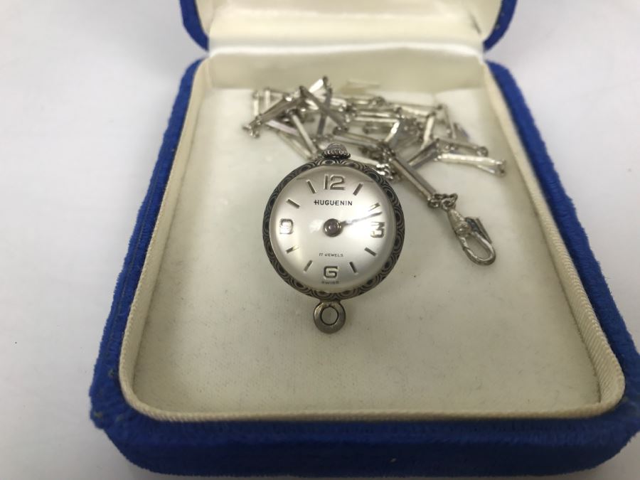 Vintage Ladies Huguenin 17 Jewels Swiss Watch Lady Pendant Necklace Globe Sterling Silver Case With Chain Back Is See Through [Photo 3]