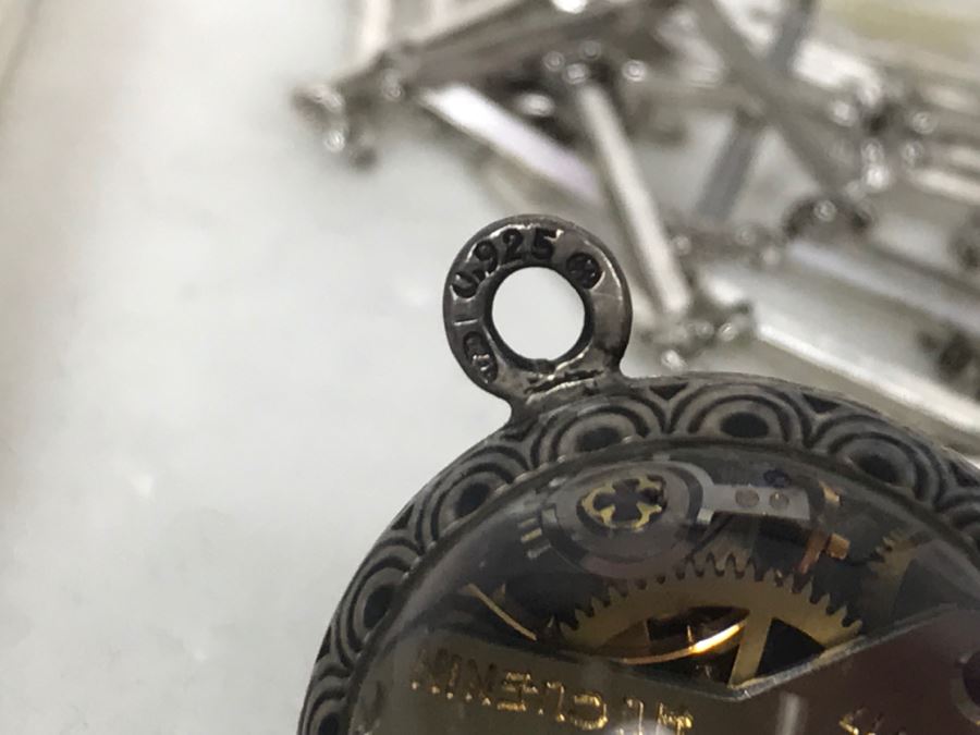 Vintage Ladies Huguenin 17 Jewels Swiss Watch Lady Pendant Necklace Globe Sterling Silver Case With Chain Back Is See Through [Photo 9]