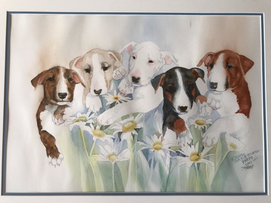 Watercolor Print Of Bull Terriers By Carrie Stuart Parks Hand Signed And Framed [Photo 1]
