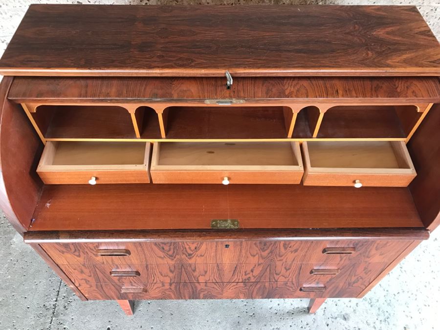 Mid Century Egon Ostergaard Cylinder Rolltop Secretary Desk Made in Sweden 35.25ʺW X 18.5ʺD X 38.375ʺH (Some Of Veneer On Back Edges Are Chipped) [Photo 18]