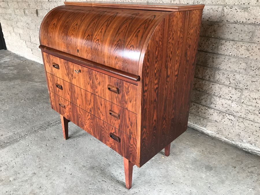 Mid Century Egon Ostergaard Cylinder Rolltop Secretary Desk Made in Sweden 35.25ʺW X 18.5ʺD X 38.375ʺH (Some Of Veneer On Back Edges Are Chipped) [Photo 8]