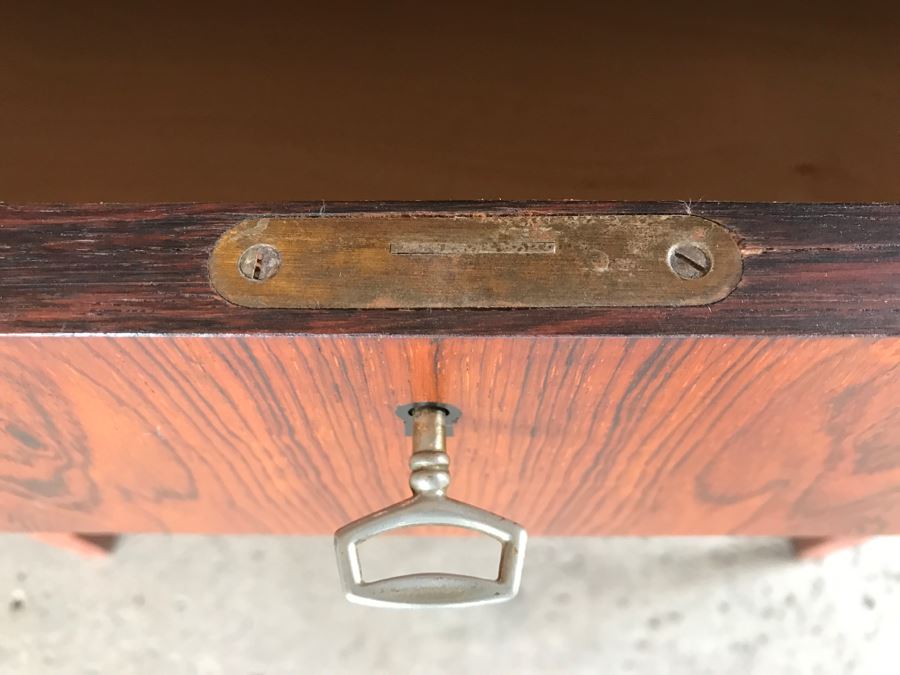 Mid Century Egon Ostergaard Cylinder Rolltop Secretary Desk Made in Sweden 35.25ʺW X 18.5ʺD X 38.375ʺH (Some Of Veneer On Back Edges Are Chipped) [Photo 14]