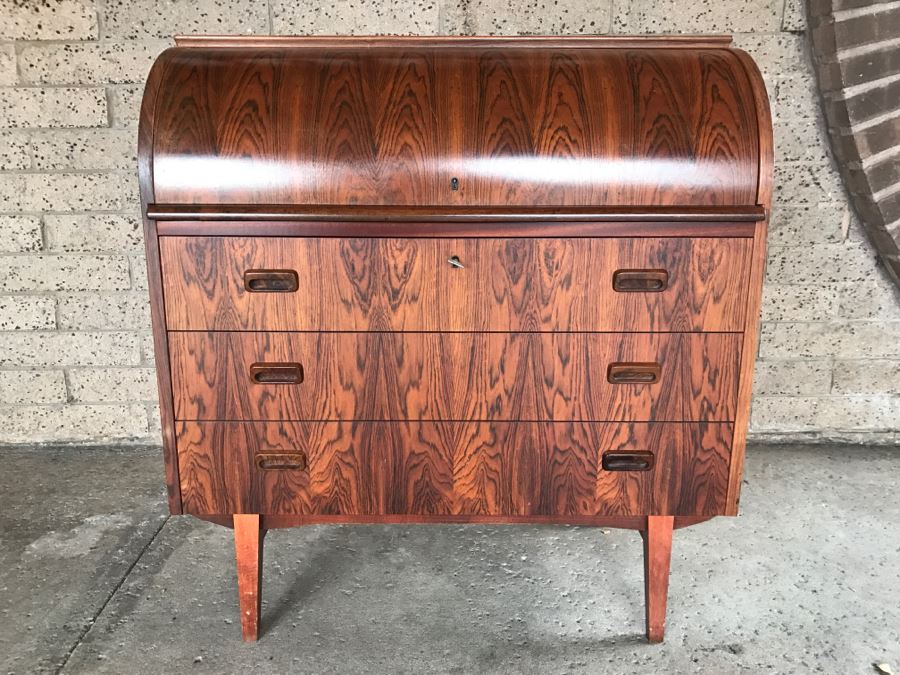 Mid Century Egon Ostergaard Cylinder Rolltop Secretary Desk Made in Sweden 35.25ʺW X 18.5ʺD X 38.375ʺH (Some Of Veneer On Back Edges Are Chipped) [Photo 9]
