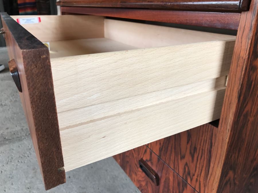 Mid Century Egon Ostergaard Cylinder Rolltop Secretary Desk Made in Sweden 35.25ʺW X 18.5ʺD X 38.375ʺH (Some Of Veneer On Back Edges Are Chipped) [Photo 12]