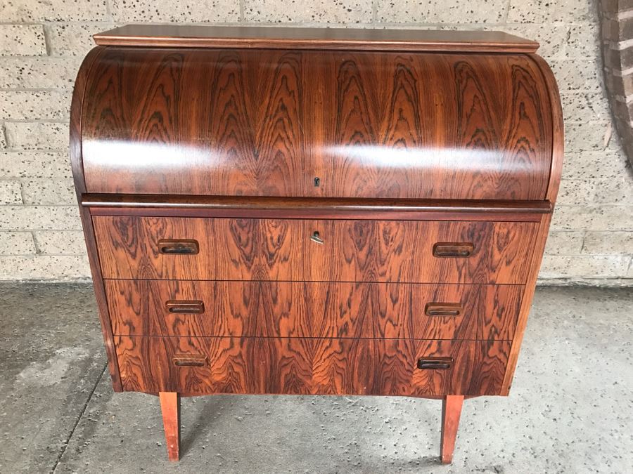 Mid Century Egon Ostergaard Cylinder Rolltop Secretary Desk Made in Sweden 35.25ʺW X 18.5ʺD X 38.375ʺH (Some Of Veneer On Back Edges Are Chipped) [Photo 2]