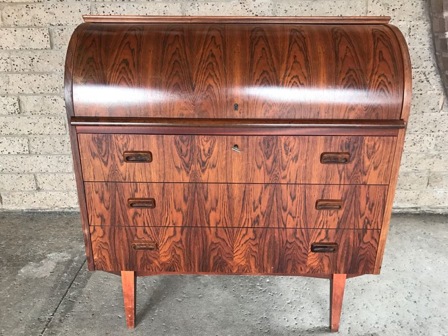 Mid Century Egon Ostergaard Cylinder Rolltop Secretary Desk Made in Sweden 35.25ʺW X 18.5ʺD X 38.375ʺH (Some Of Veneer On Back Edges Are Chipped) [Photo 1]