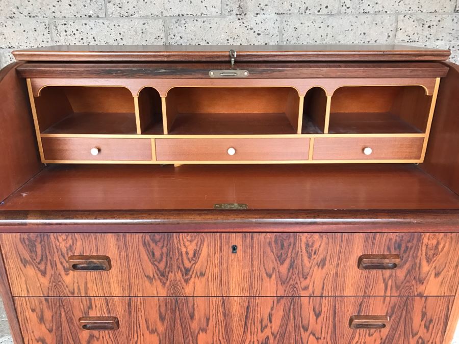 Mid Century Egon Ostergaard Cylinder Rolltop Secretary Desk Made in Sweden 35.25ʺW X 18.5ʺD X 38.375ʺH (Some Of Veneer On Back Edges Are Chipped) [Photo 16]