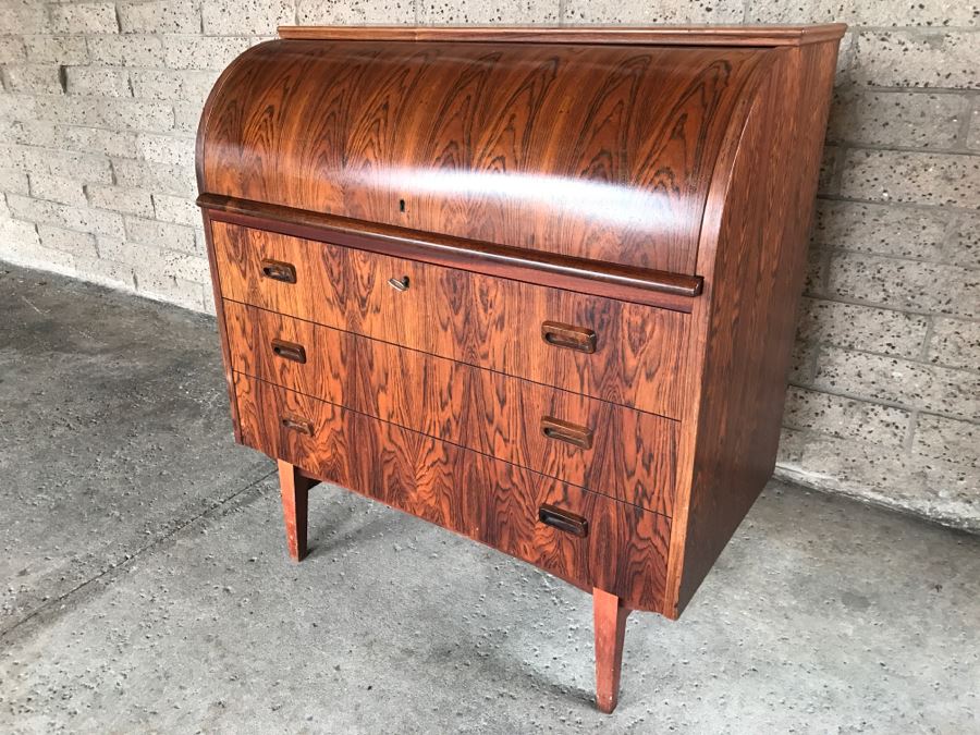 Mid Century Egon Ostergaard Cylinder Rolltop Secretary Desk Made in Sweden 35.25ʺW X 18.5ʺD X 38.375ʺH (Some Of Veneer On Back Edges Are Chipped) [Photo 3]