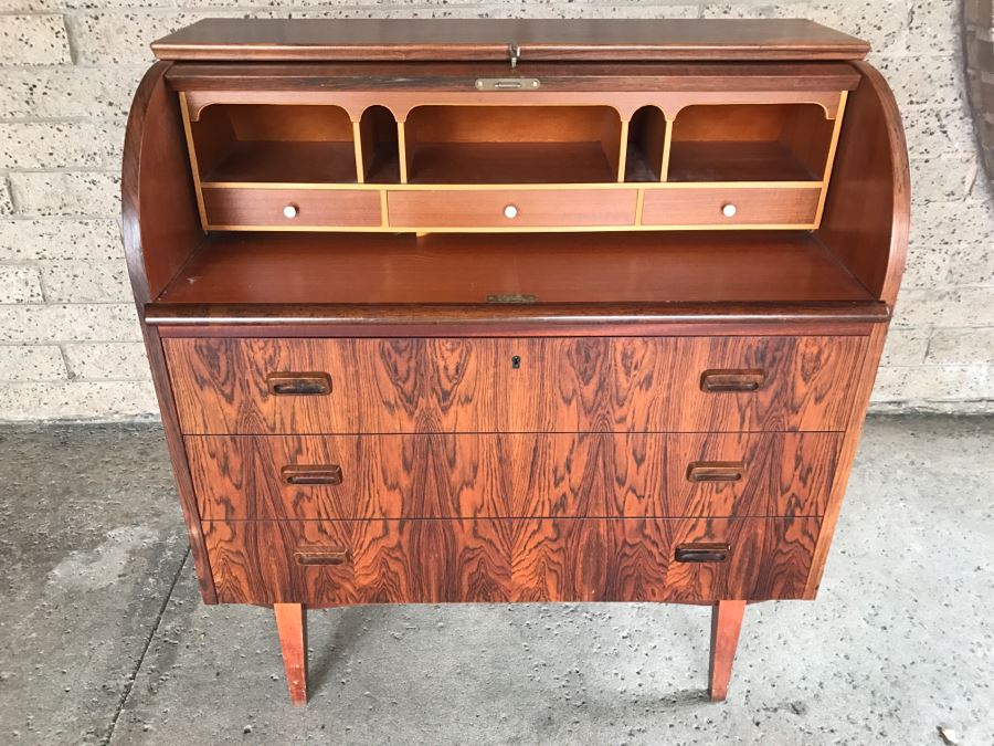 Mid Century Egon Ostergaard Cylinder Rolltop Secretary Desk Made in Sweden 35.25ʺW X 18.5ʺD X 38.375ʺH (Some Of Veneer On Back Edges Are Chipped) [Photo 15]