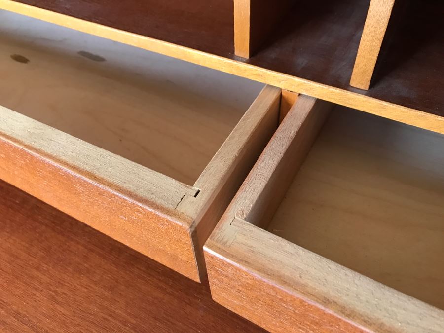 Mid Century Egon Ostergaard Cylinder Rolltop Secretary Desk Made in Sweden 35.25ʺW X 18.5ʺD X 38.375ʺH (Some Of Veneer On Back Edges Are Chipped) [Photo 17]