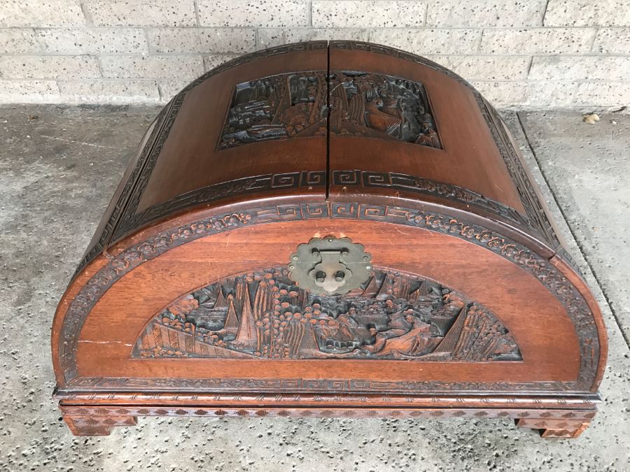 Vintage Asian Relief Carved Domed Cedar Lined Chest [Photo 2]