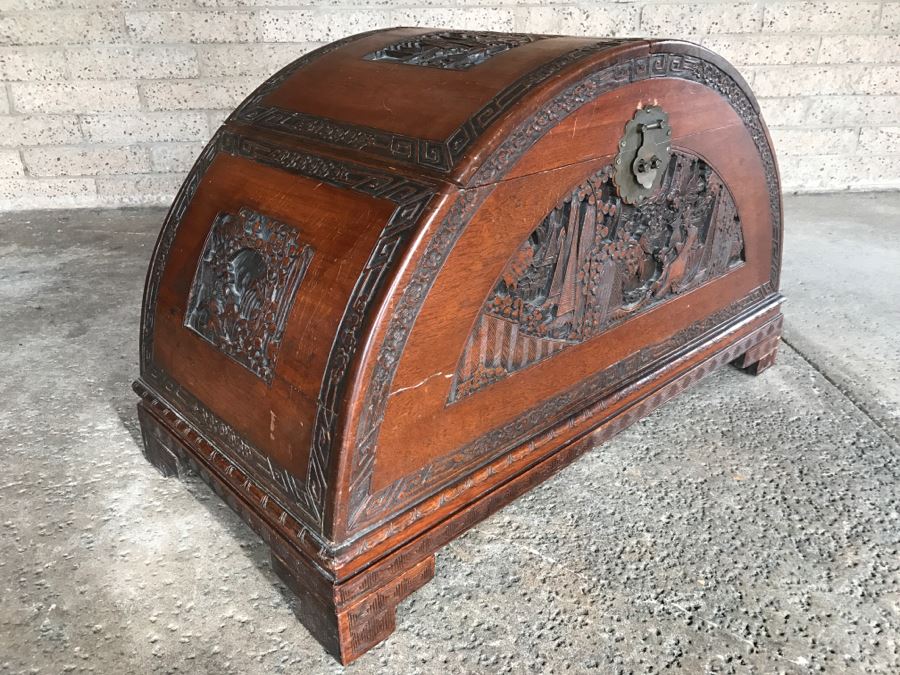 Vintage Asian Relief Carved Domed Cedar Lined Chest [Photo 9]