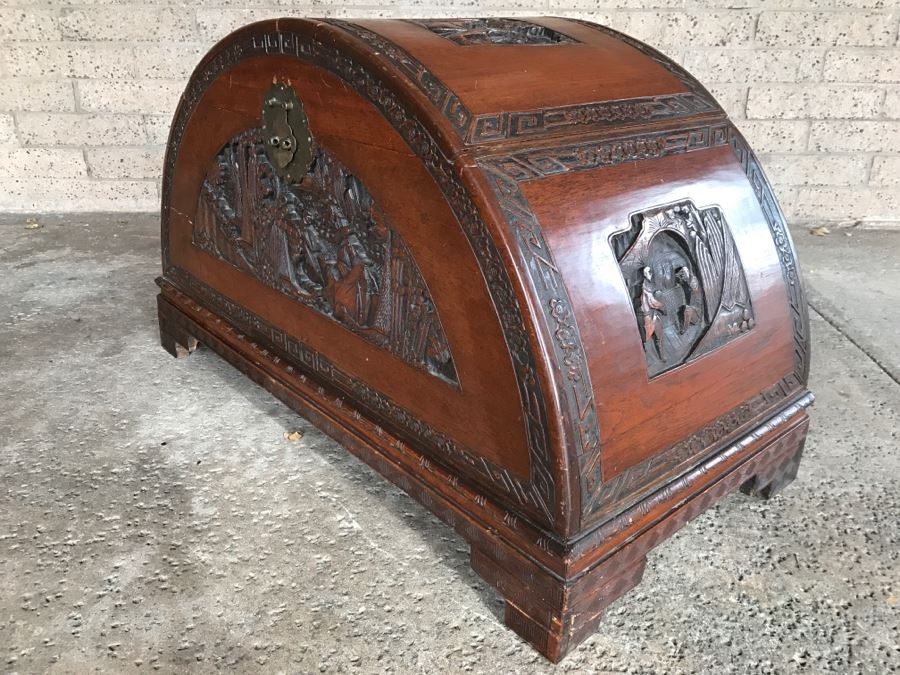 Vintage Asian Relief Carved Domed Cedar Lined Chest [Photo 19]
