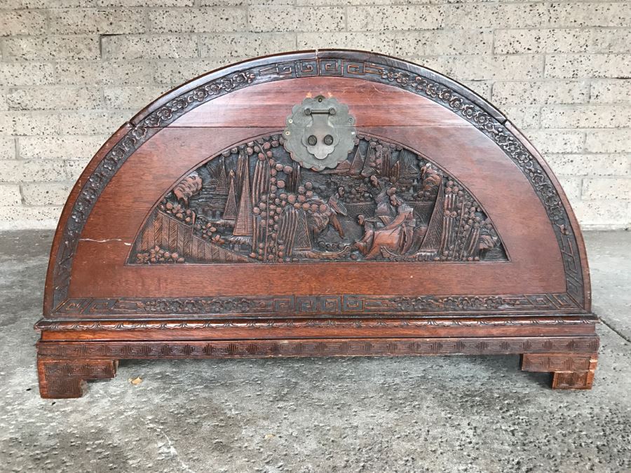 Vintage Asian Relief Carved Domed Cedar Lined Chest [Photo 3]