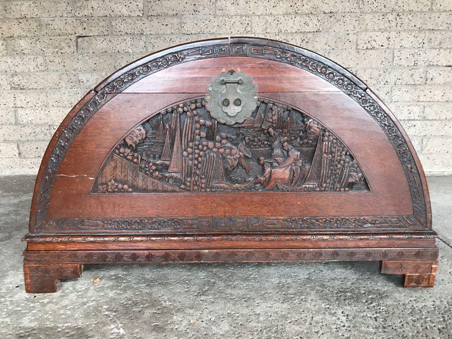 Vintage Asian Relief Carved Domed Cedar Lined Chest [Photo 4]