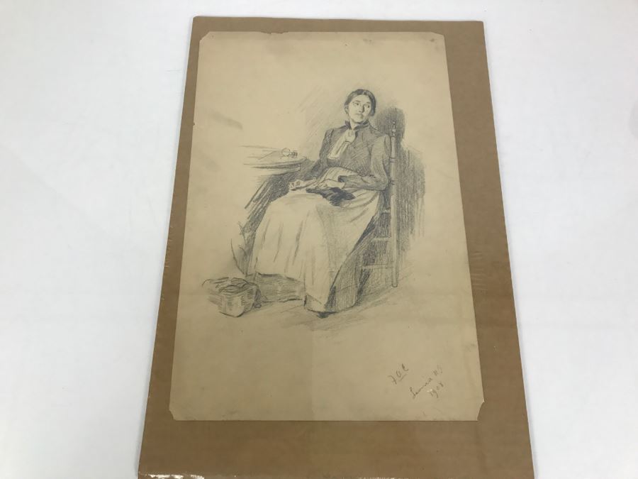 Original Sketch Of Woman In Rocking Chair By F. A. Carter Titled Leonia, NJ 1908 Fernando Carter (1855-1931) [Photo 2]