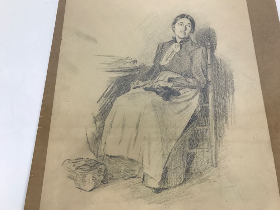 Original Sketch Of Woman In Rocking Chair By F. A. Carter Titled Leonia, NJ 1908 Fernando Carter (1855-1931) [Photo 3]