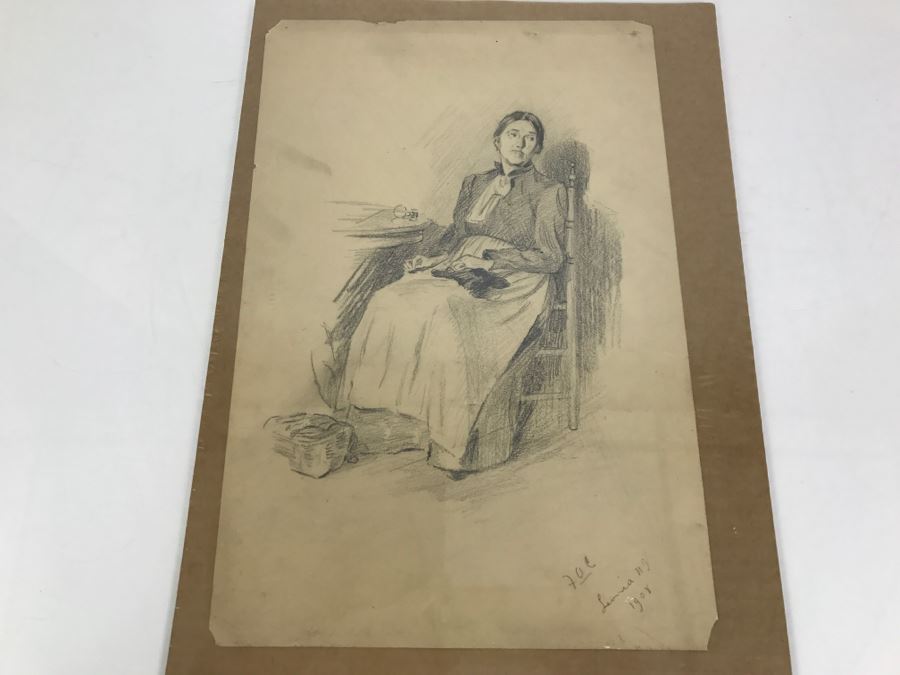 Original Sketch Of Woman In Rocking Chair By F. A. Carter Titled Leonia, NJ 1908 Fernando Carter (1855-1931) [Photo 1]