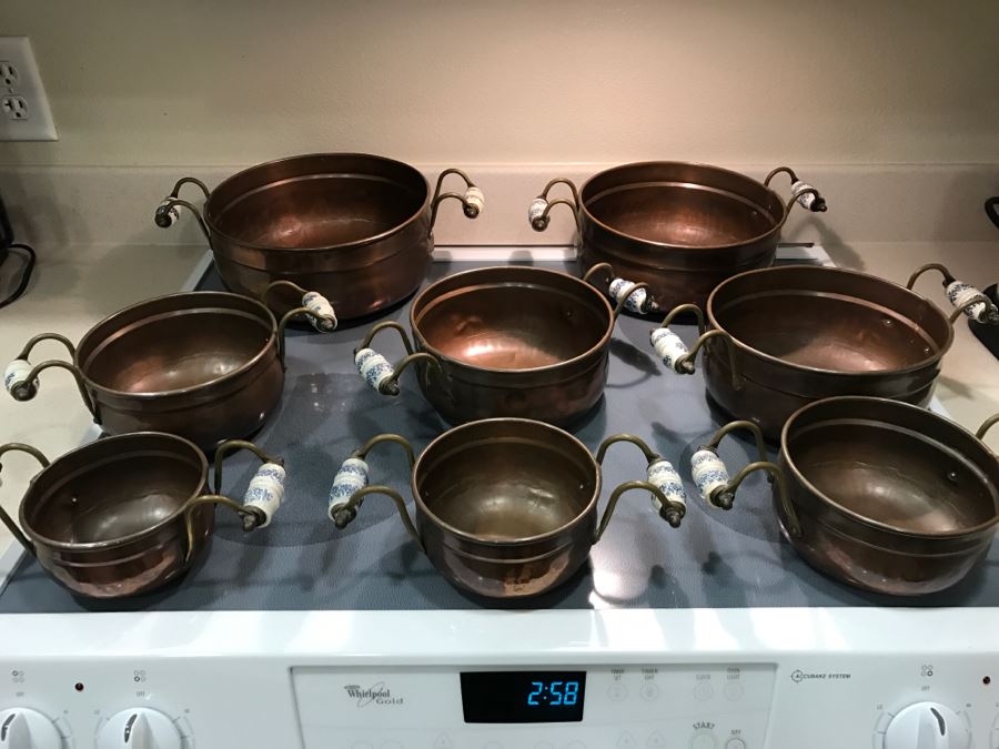 Collection Of (8) Vintage Copper Pots With Blue And White Handles [Photo 1]