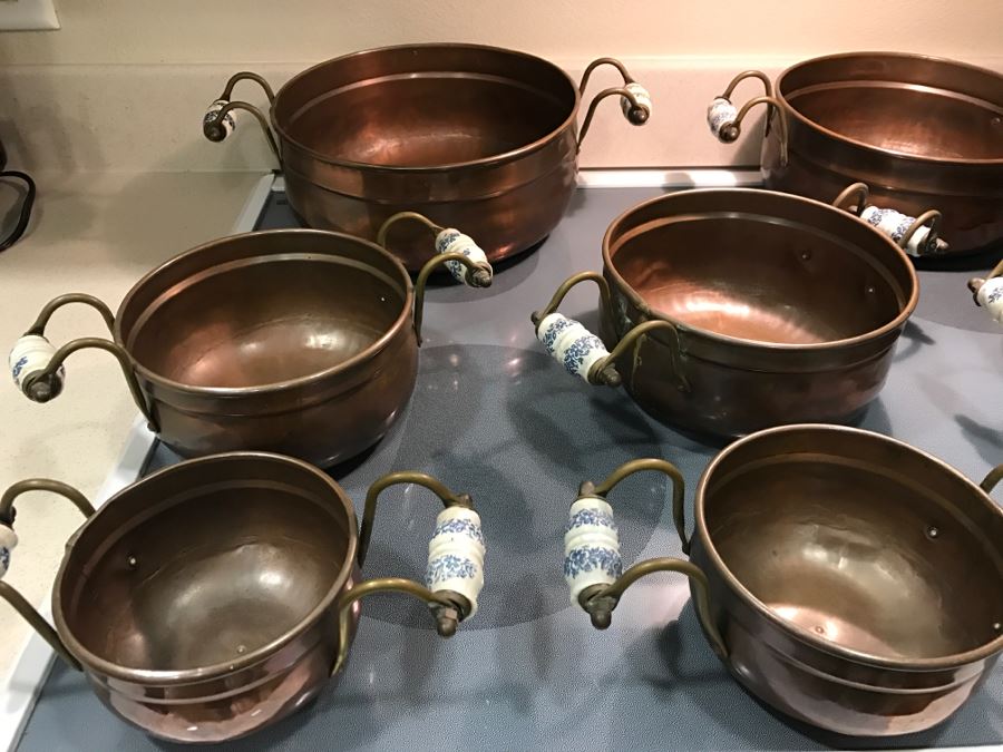 Collection Of (8) Vintage Copper Pots With Blue And White Handles [Photo 2]