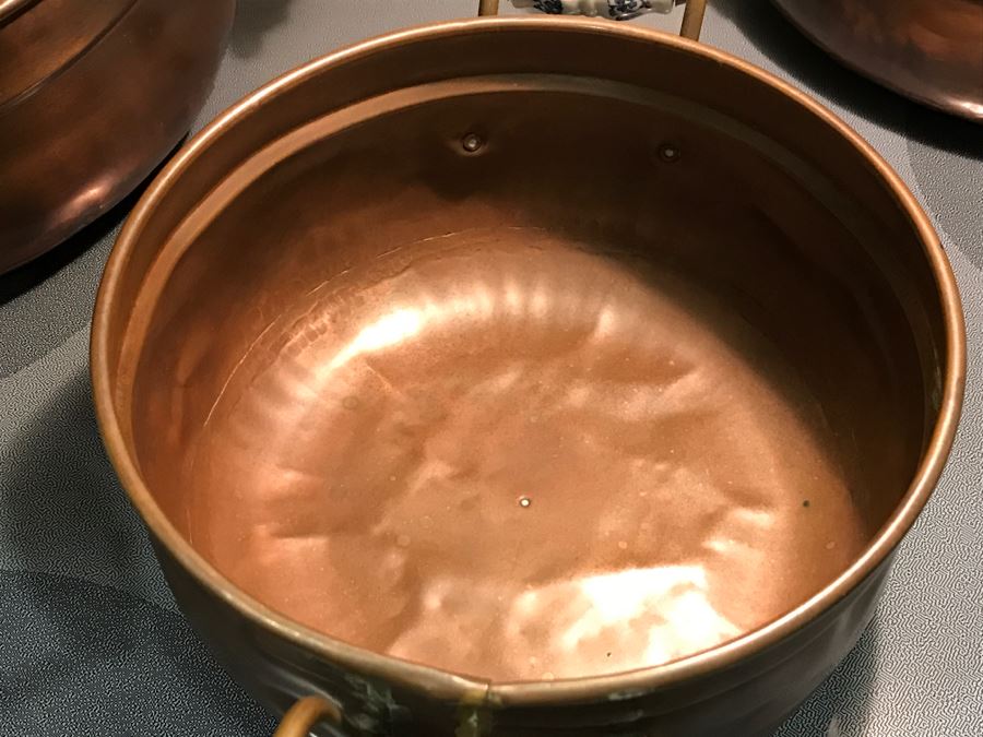 Collection Of (8) Vintage Copper Pots With Blue And White Handles [Photo 9]
