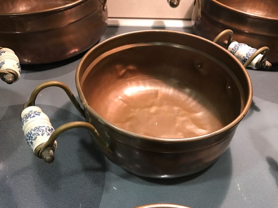 Collection Of (8) Vintage Copper Pots With Blue And White Handles [Photo 5]
