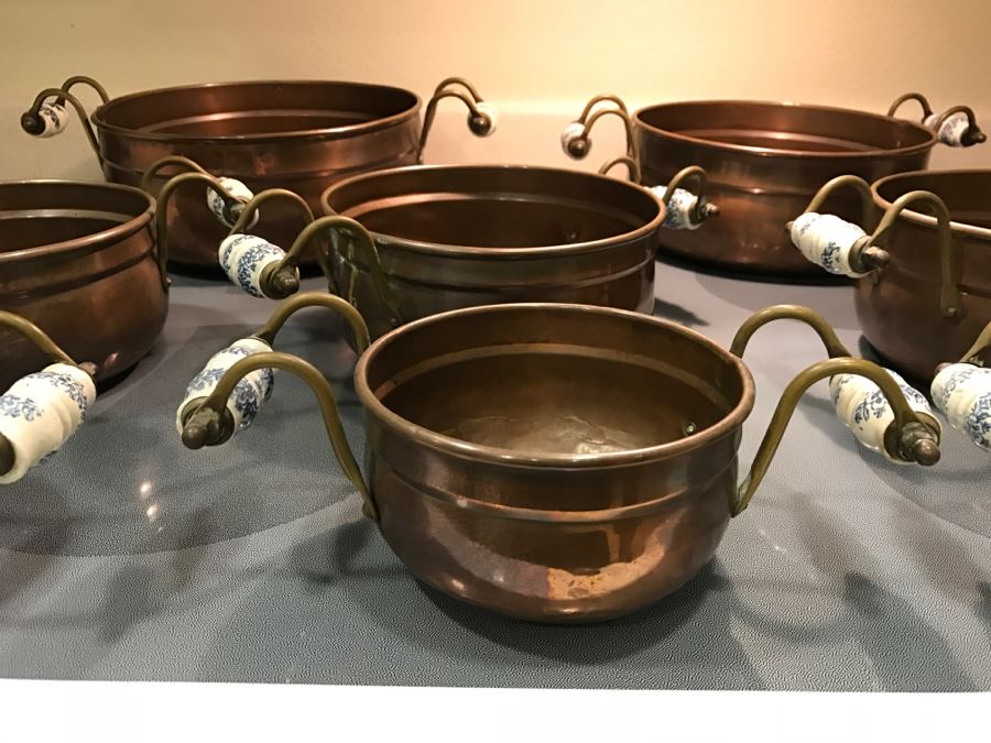 Collection Of (8) Vintage Copper Pots With Blue And White Handles [Photo 18]
