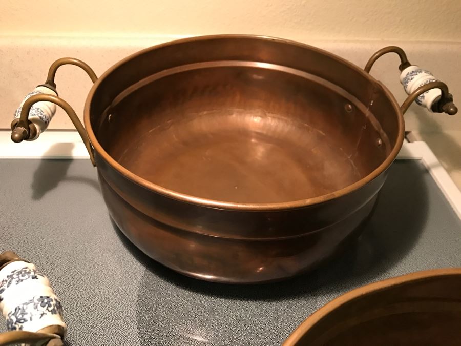 Collection Of (8) Vintage Copper Pots With Blue And White Handles [Photo 12]