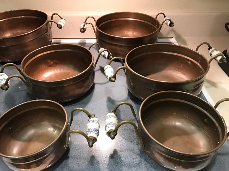 Collection Of (8) Vintage Copper Pots With Blue And White Handles [Photo 3]